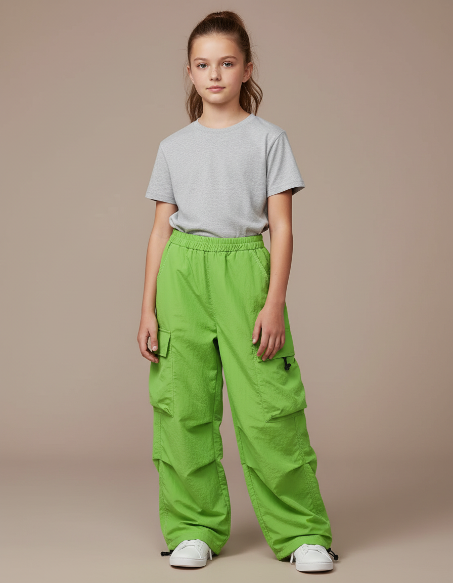 Pantalon Cargo Vert Ample Multipoches Fille Streetwear - Polyester