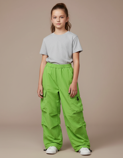 Pantalon Cargo Vert Ample Multipoches Fille Streetwear - Polyester