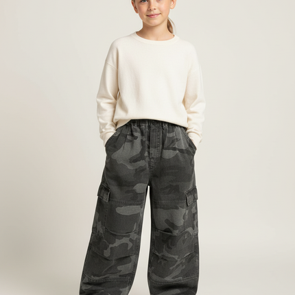 Pantalon Cargo Camouflage Ample Gris Fille Décontracté - Toile