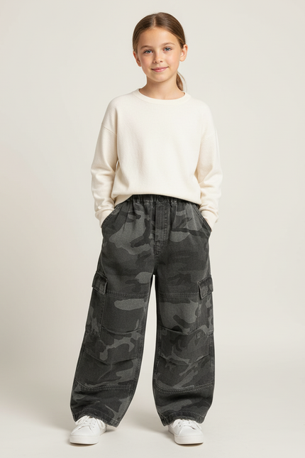 Pantalon Cargo Camouflage Ample Gris Fille Décontracté - Toile