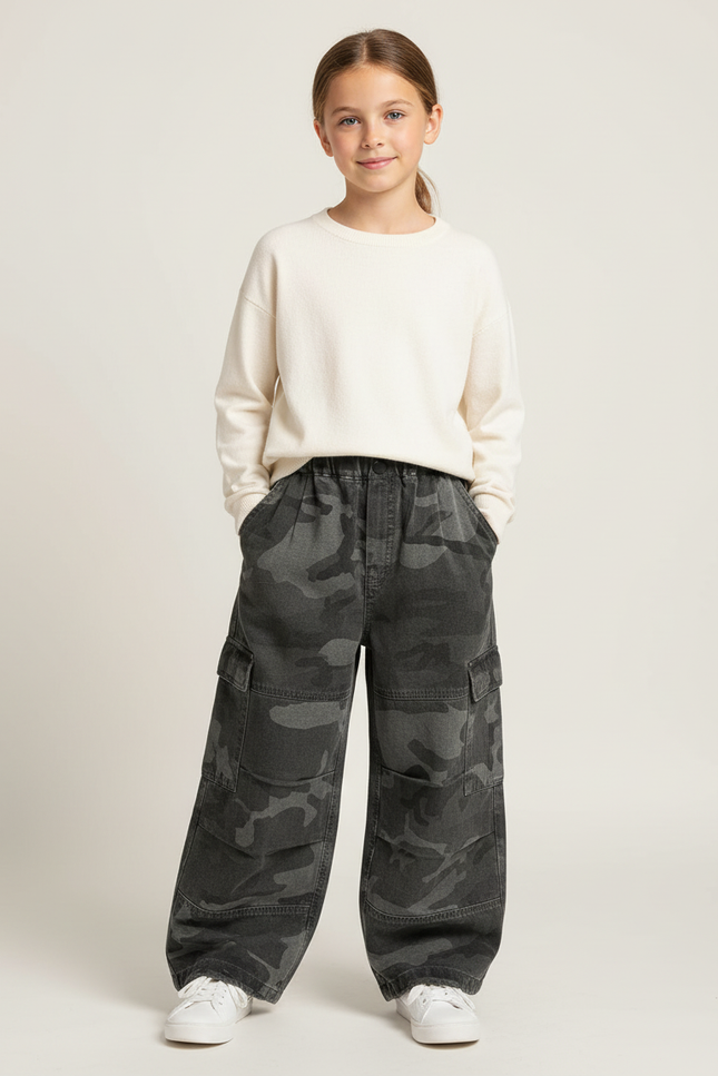 Pantalon Cargo Camouflage Ample Gris Fille Décontracté - Toile