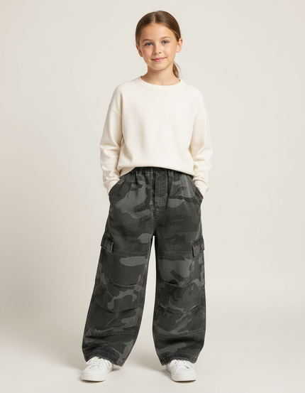 Pantalon Cargo Camouflage Ample Gris Fille Décontracté - Toile