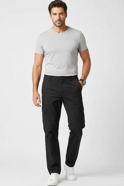 Pantalon Cargo Noir Coton Ample Multipoches Homme - Toile