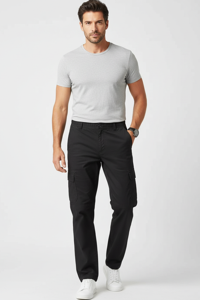 Pantalon Cargo Noir Coton Ample Multipoches Homme - Toile
