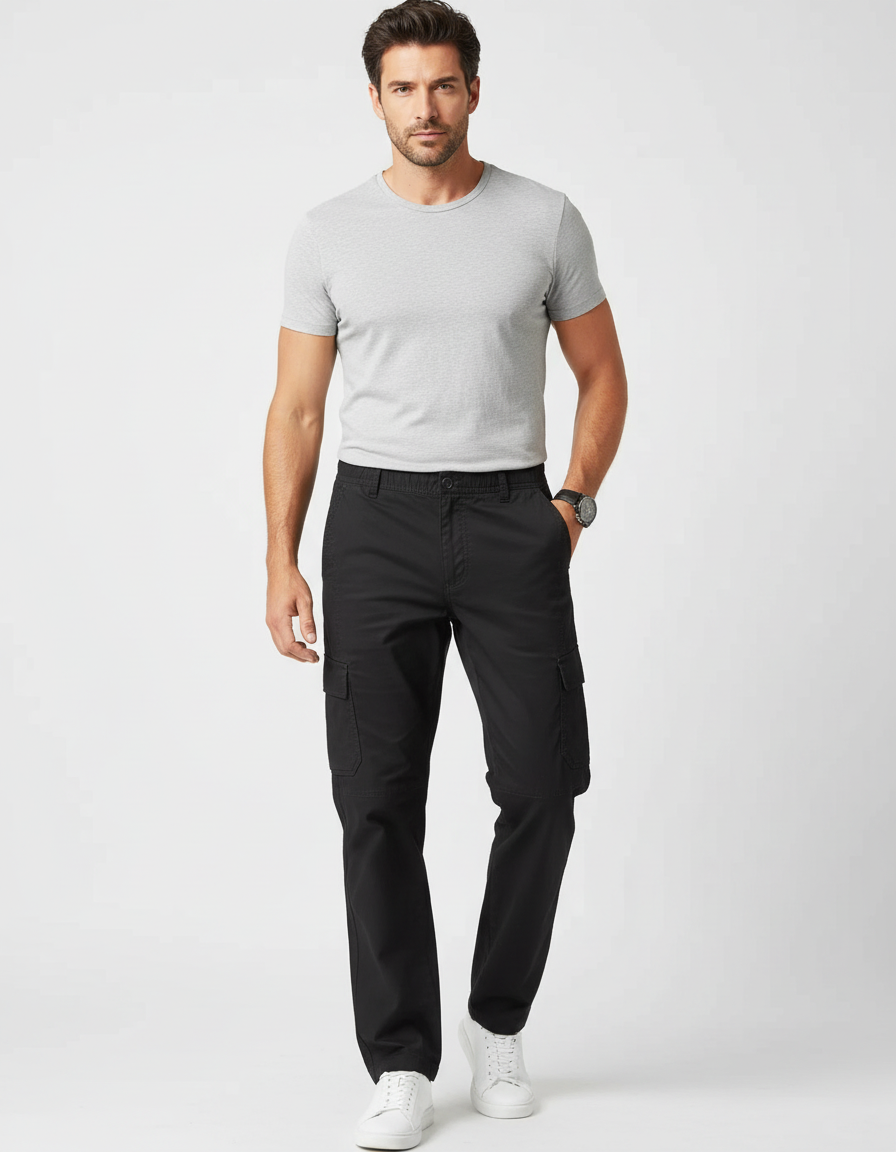Pantalon Cargo Noir Coton Ample Multipoches Homme - Toile