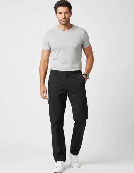 Pantalon Cargo Noir Coton Ample Multipoches Homme - Toile
