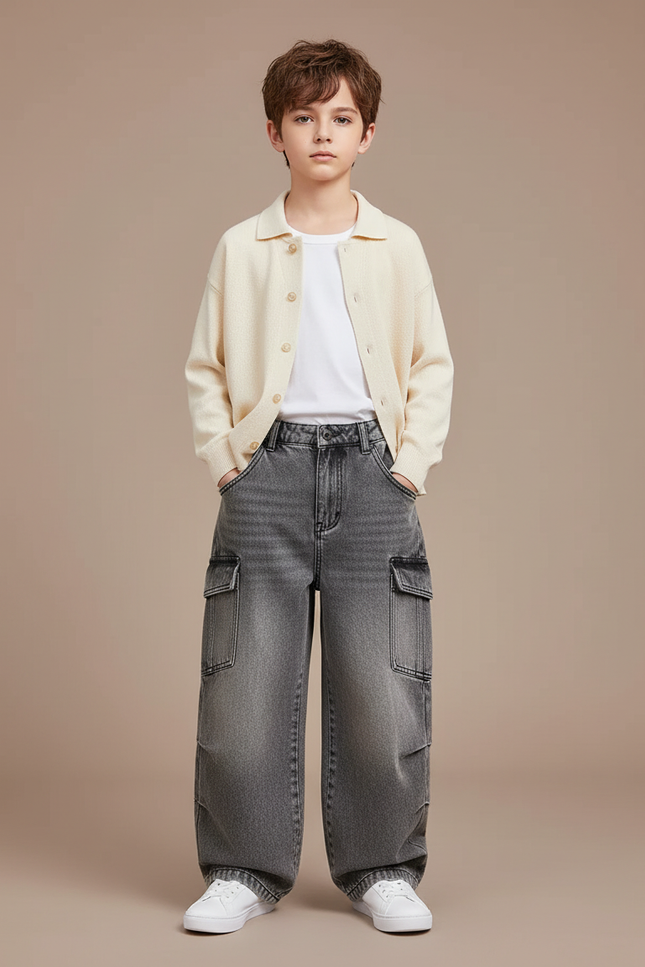Pantalon Cargo Gris Délavé Ample Multipoches Enfant - Jean