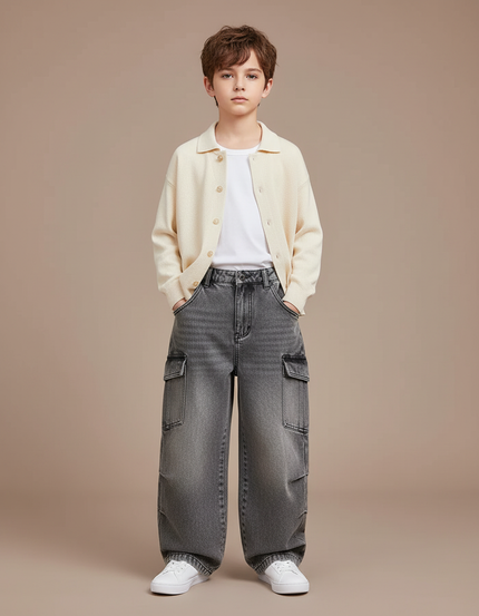 Pantalon Cargo Gris Délavé Ample Multipoches Enfant - Jean