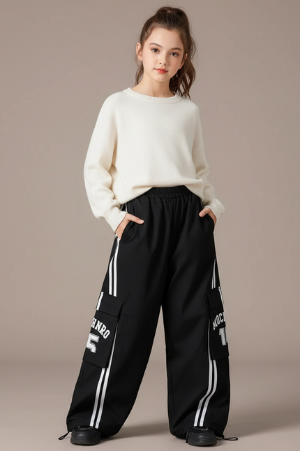 Pantalon Cargo Noir Ample Rayures Blanches Imprimé - Polyester