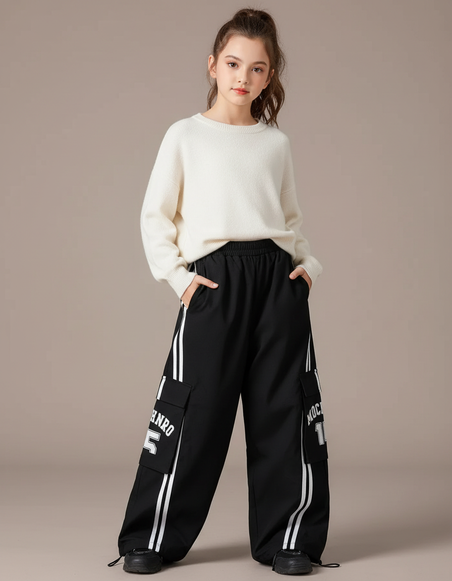 Pantalon Cargo Noir Ample Rayures Blanches Imprimé - Polyester