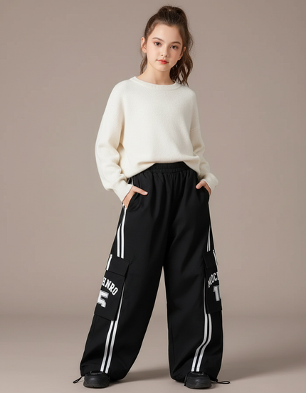 Pantalon Cargo Noir Ample Rayures Blanches Imprimé - Polyester