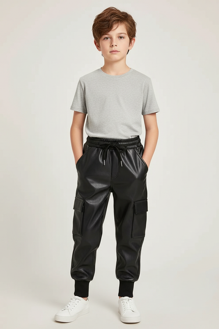 Pantalon Cargo Noir Similicuir Enfant Hiver Molletonné - Simili cuir