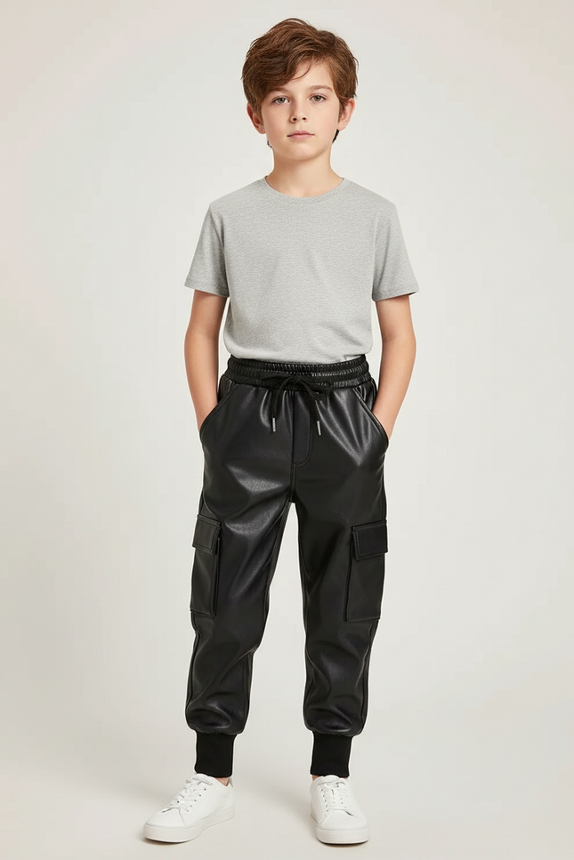 Pantalon Cargo Noir Similicuir Enfant Hiver Molletonné - Simili cuir