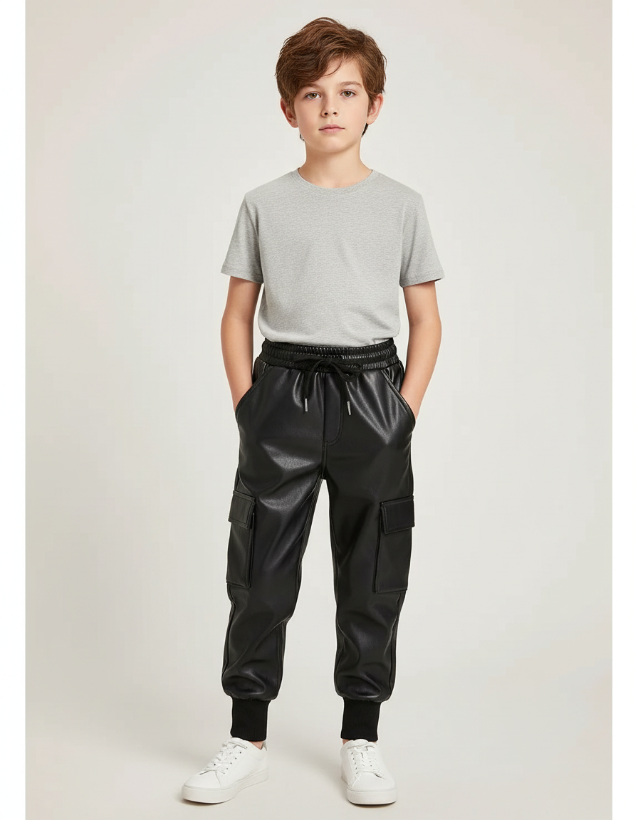 Pantalon Cargo Noir Similicuir Enfant Hiver Molletonné - Simili cuir