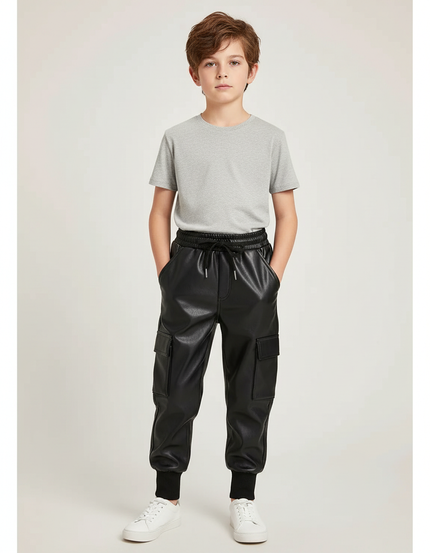 Pantalon Cargo Noir Similicuir Enfant Hiver Molletonné - Simili cuir