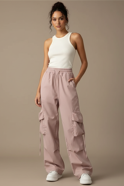 Pantalon Cargo Rose Ample Léger Cordon Femme - Polyester
