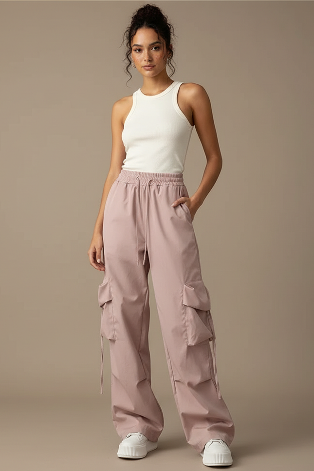 Pantalon Cargo Rose Ample Léger Cordon Femme - Polyester