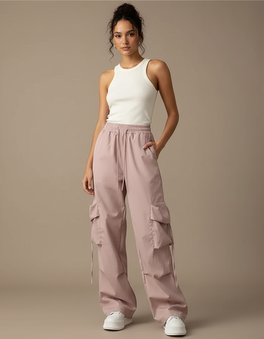Pantalon Cargo Rose Ample Léger Cordon Femme - Polyester