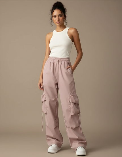 Pantalon Cargo Rose Ample Léger Cordon Femme - Polyester