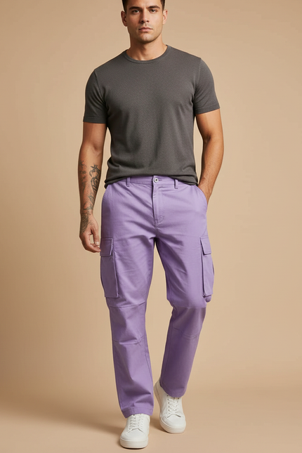 Pantalon Cargo Violet Ample Multi-Poches Homme Coton - Toile