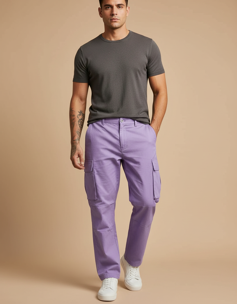 Pantalon Cargo Violet Ample Multi-Poches Homme Coton - Toile