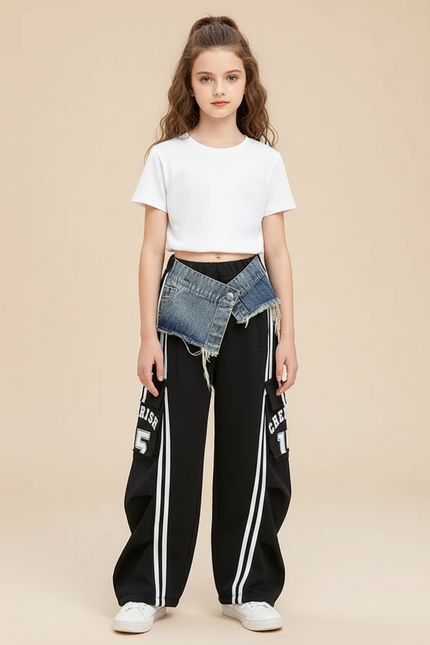 Pantalon Cargo Noir Rayures Blanches Denim Surpiqué - Molleton