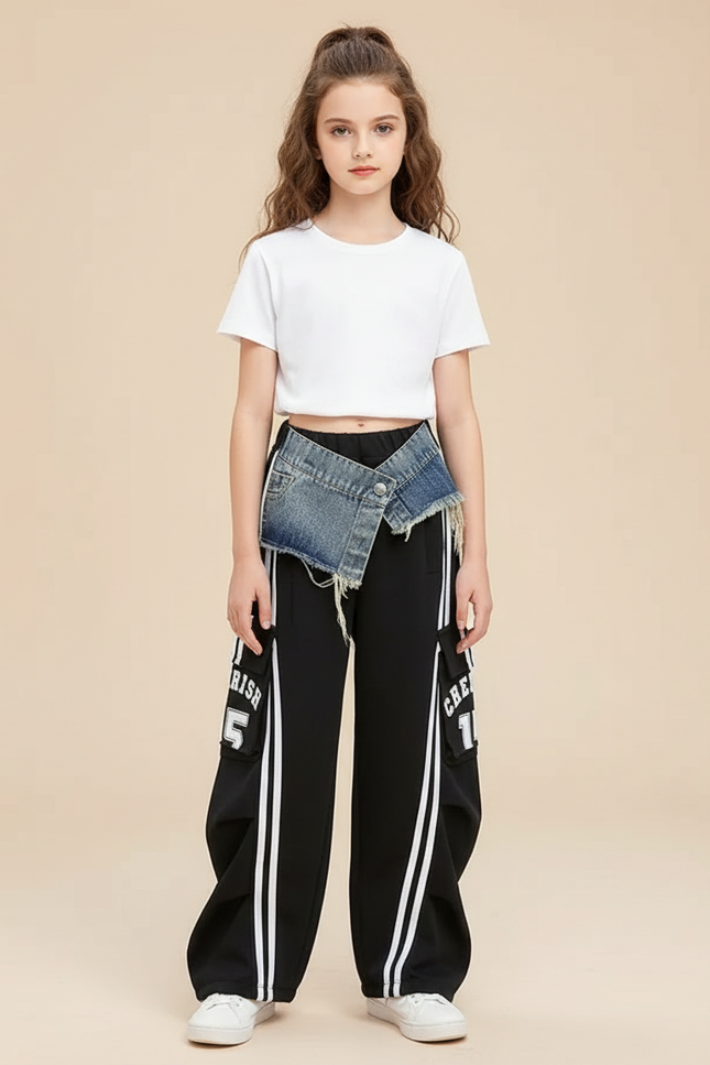 Pantalon Cargo Noir Rayures Blanches Denim Surpiqué - Molleton