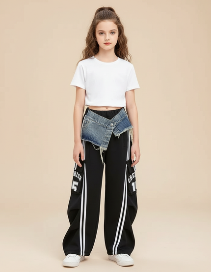 Pantalon Cargo Noir Rayures Blanches Denim Surpiqué - Molleton