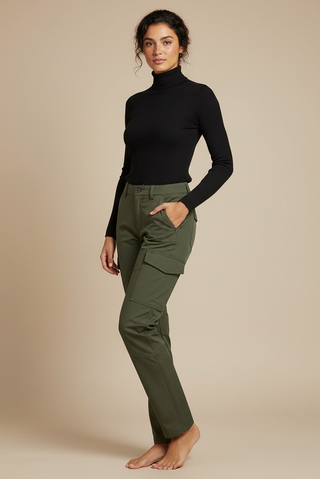 Pantalon Cargo Vert Kaki Femme Multipoches Décontracté - Gabardine