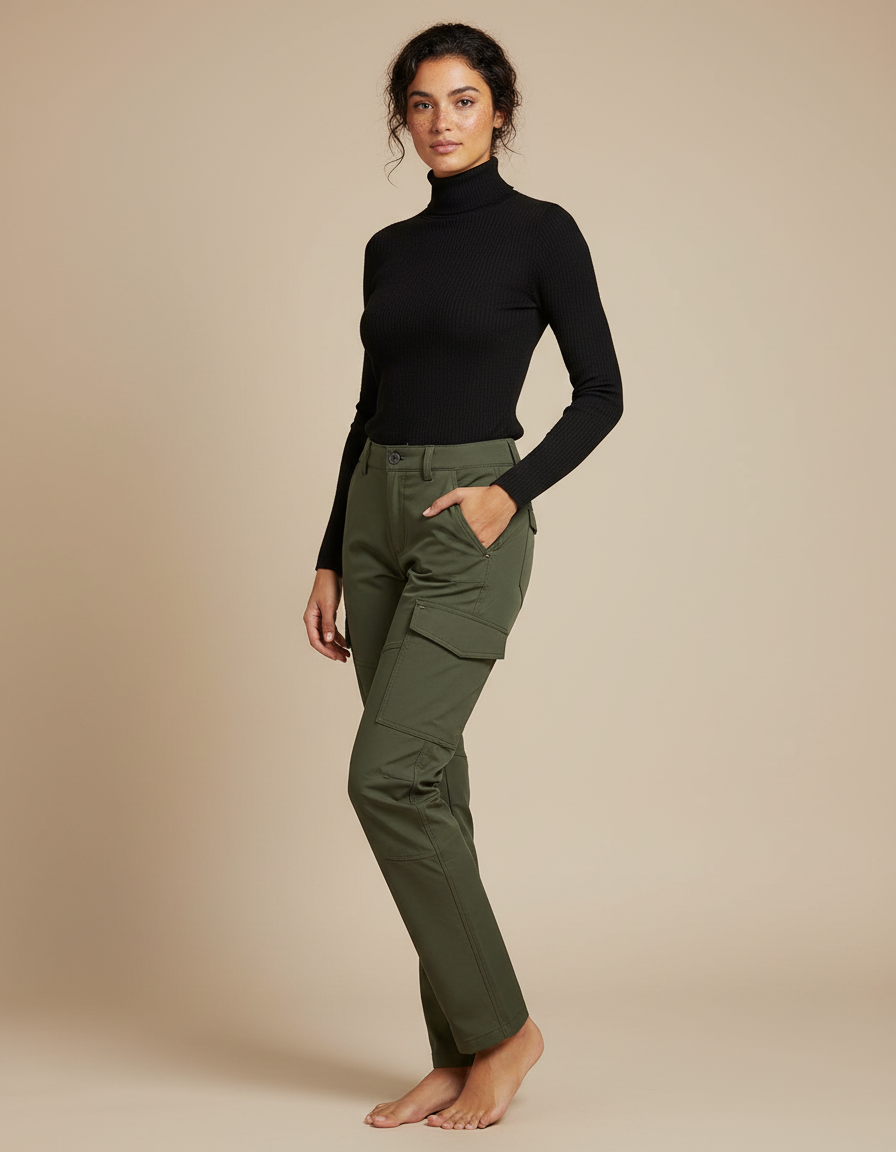 Pantalon Cargo Vert Kaki Femme Multipoches Décontracté - Gabardine