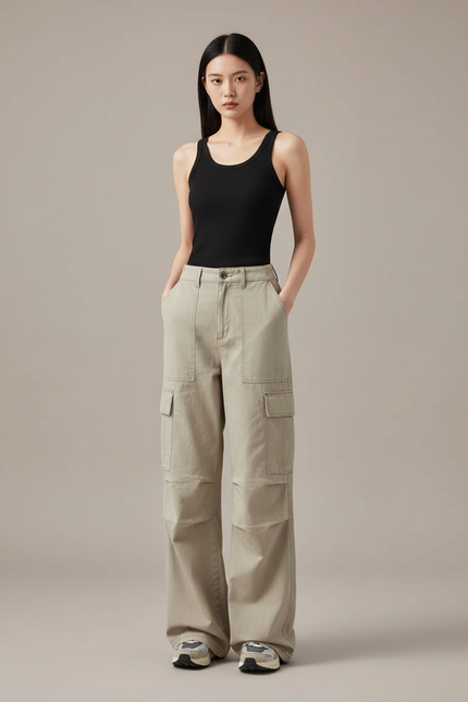 Pantalon Cargo Ample Beige Décontracté Multipoches Femme - Toile