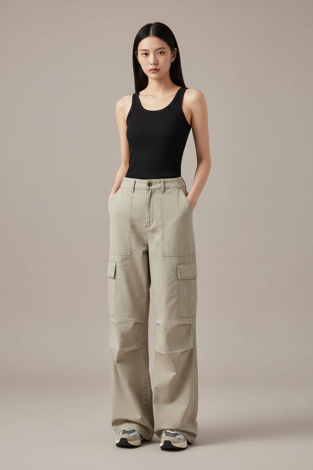 Pantalon Cargo Ample Beige Décontracté Multipoches Femme - Toile