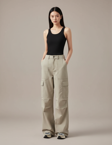 Pantalon Cargo Ample Beige Décontracté Multipoches Femme - Toile