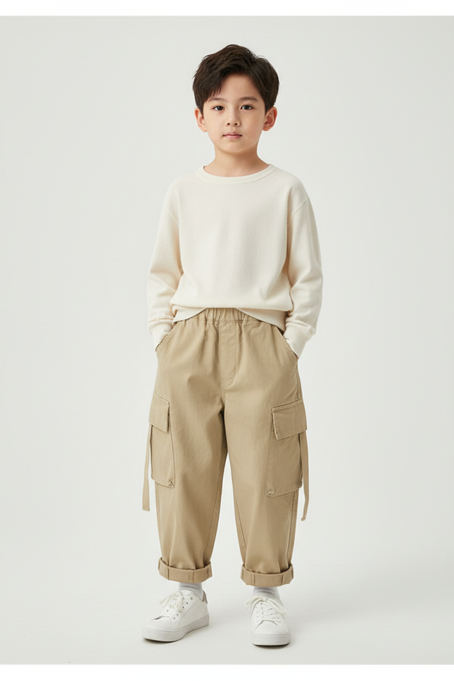 Pantalon Cargo Kaki Ample Coton Enfant Décontracté Multipoches