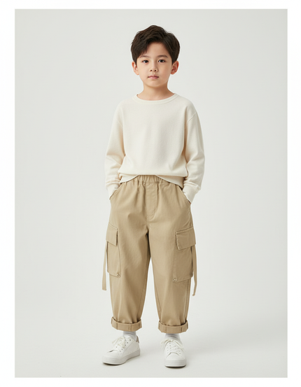 Pantalon Cargo Kaki Ample Coton Enfant Décontracté Multipoches