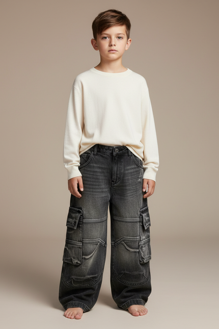 Pantalon Cargo Gris Ample Multipoches Denim Enfant - Jean