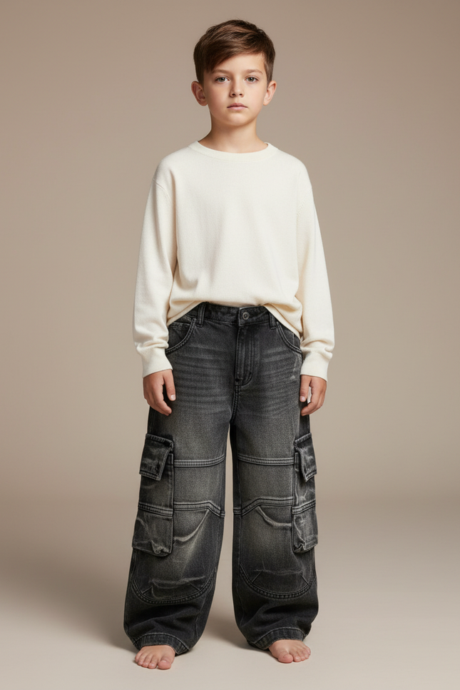 Pantalon Cargo Gris Ample Multipoches Denim Enfant - Jean