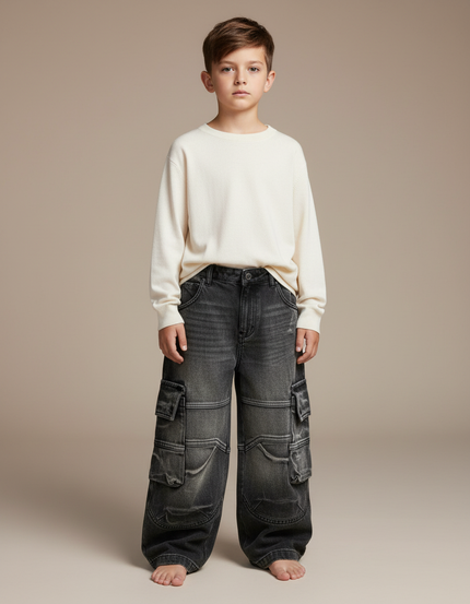 Pantalon Cargo Gris Ample Multipoches Denim Enfant - Jean