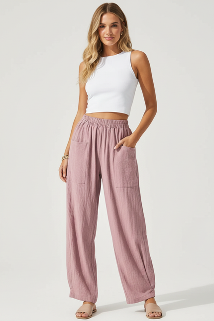 Pantalon Cargo Rose Ample Coton Lin Décontracté