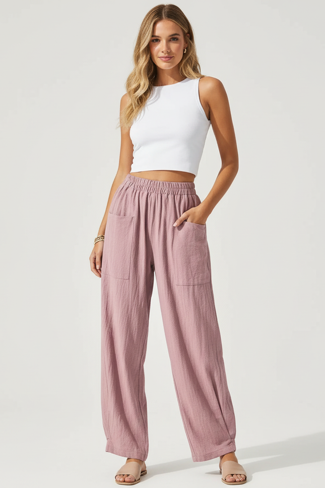 Pantalon Cargo Rose Ample Coton Lin Décontracté