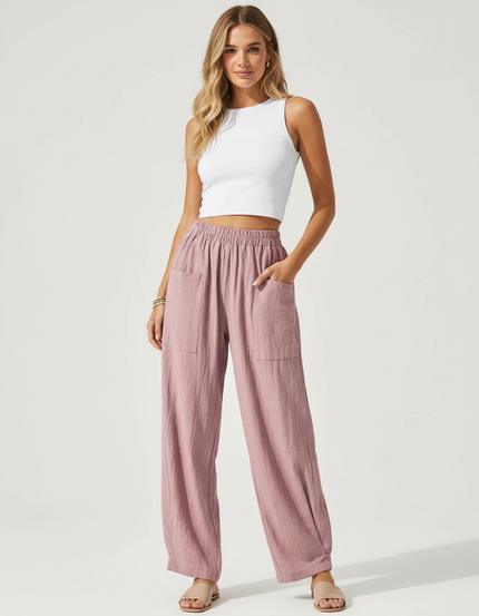 Pantalon Cargo Rose Ample Coton Lin Décontracté