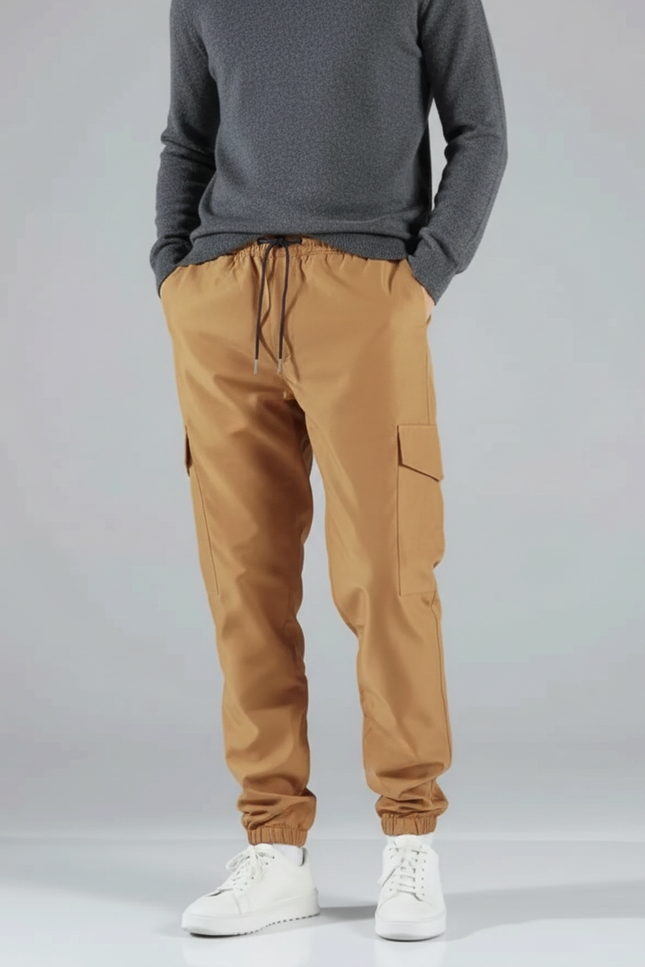 Pantalon Cargo Homme Marron Cordon Fluide Casual - Camel Polyester