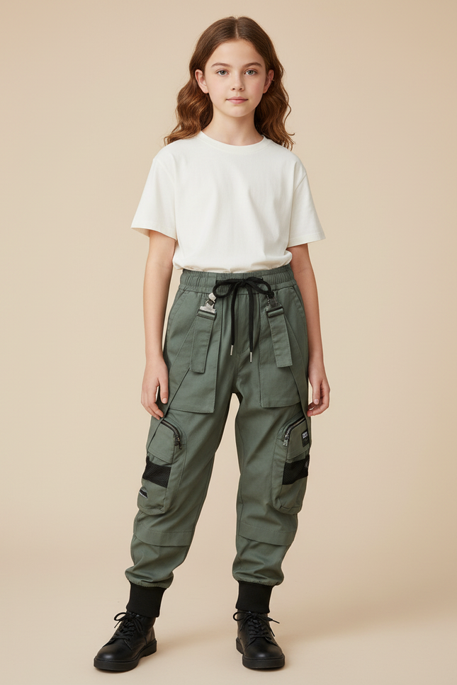 Pantalon Cargo Kaki Ample Multipoches Enfant Urbain - Toile