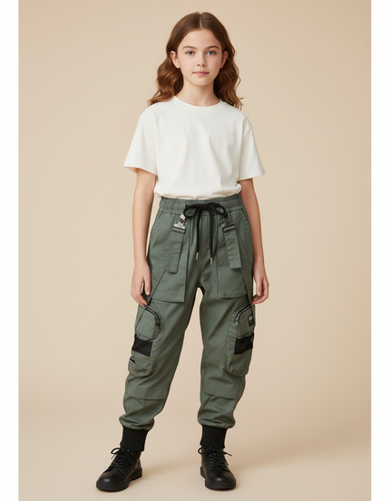 Pantalon Cargo Kaki Ample Multipoches Enfant Urbain - Toile
