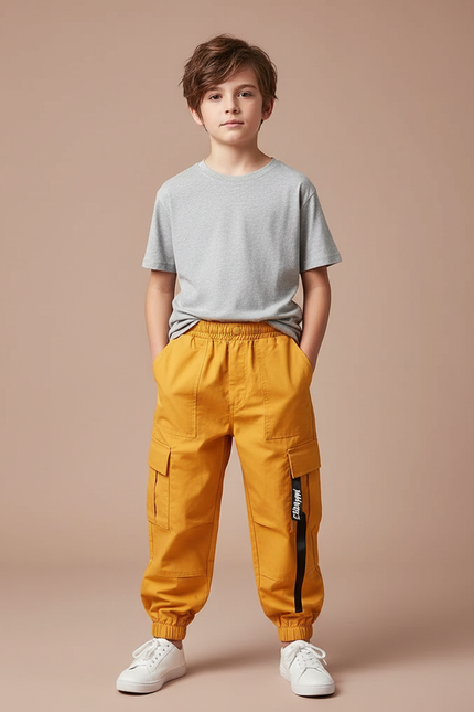 Pantalon Cargo Jaune Ample Garçon Coton Poches - Toile