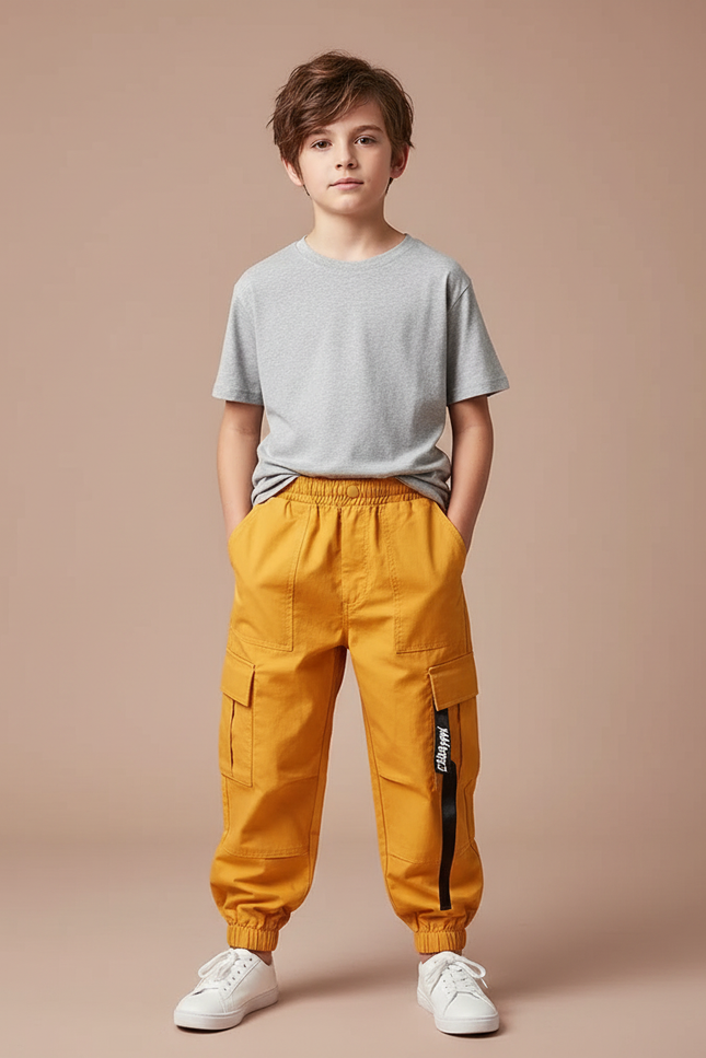 Pantalon Cargo Jaune Ample Garçon Coton Poches - Toile