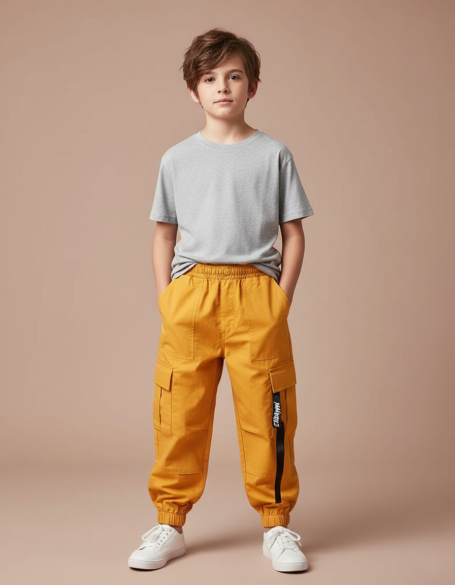Pantalon Cargo Jaune Ample Garçon Coton Poches - Toile