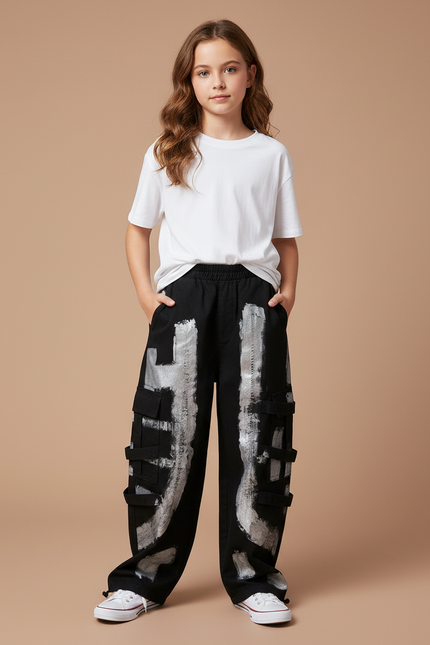 Pantalon Cargo Noir Ample Imprimé Enfant Streetwear - Toile