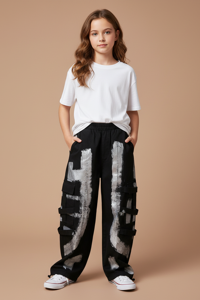 Pantalon Cargo Noir Ample Imprimé Enfant Streetwear - Toile