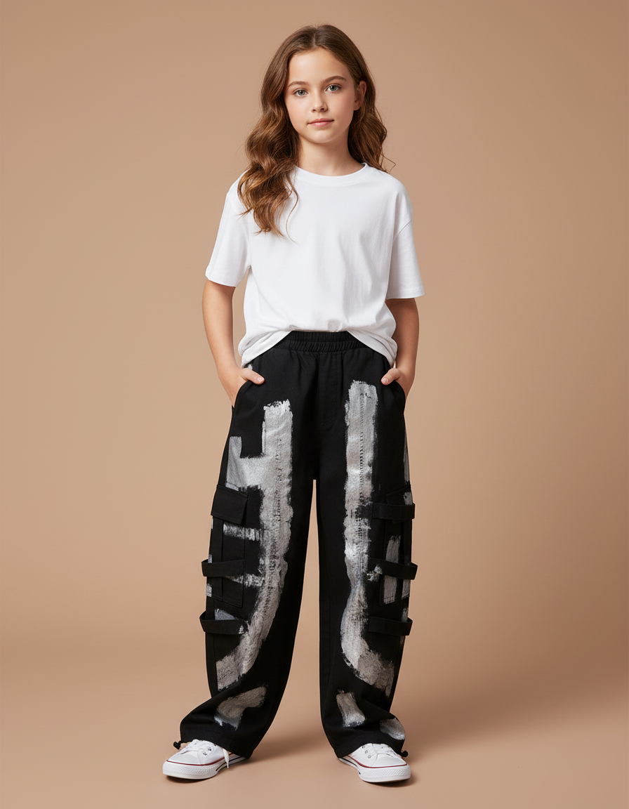 Pantalon Cargo Noir Ample Imprimé Enfant Streetwear - Toile